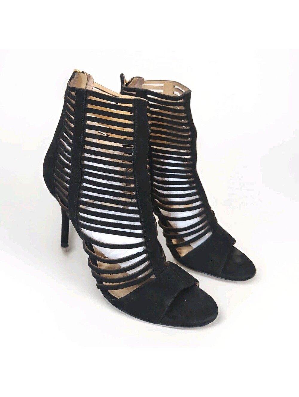 Michael Kors Sz 8.5M Open Toe Caged Ankle Black Suede- Odelia Heel Sandals Shoes